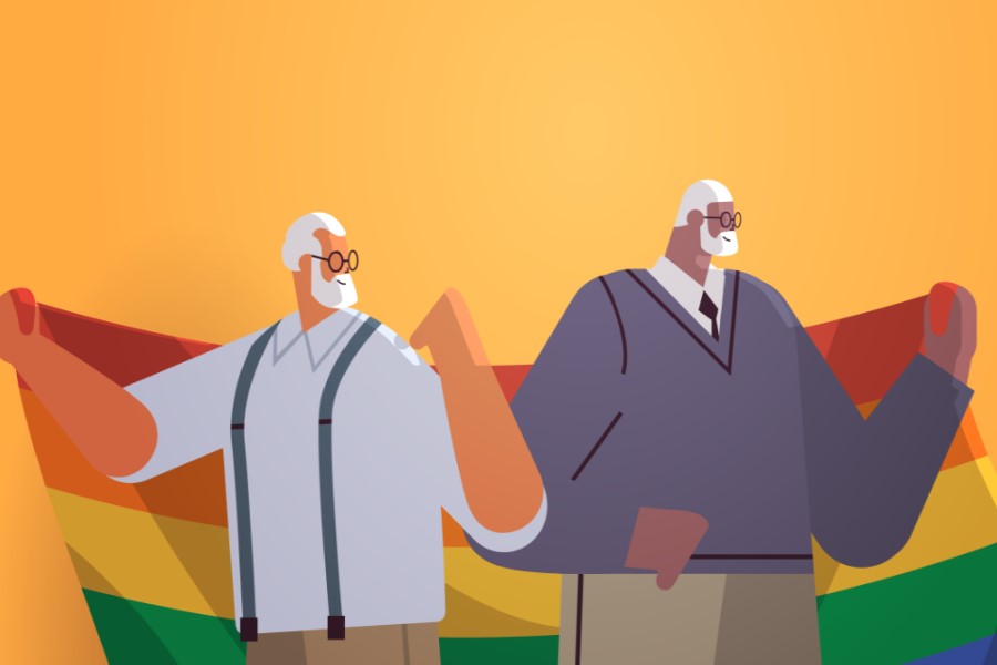 Illustration of two older masculine people holding a gay pride flag around their shoulders.