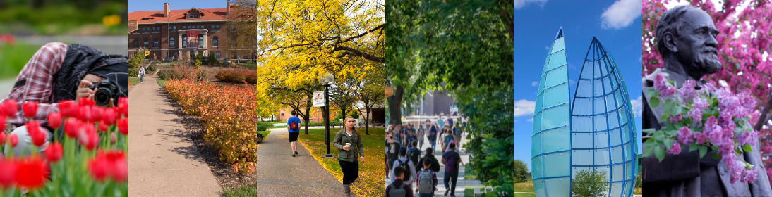 Pride web banner featuring photos of campus that are rainbow colors