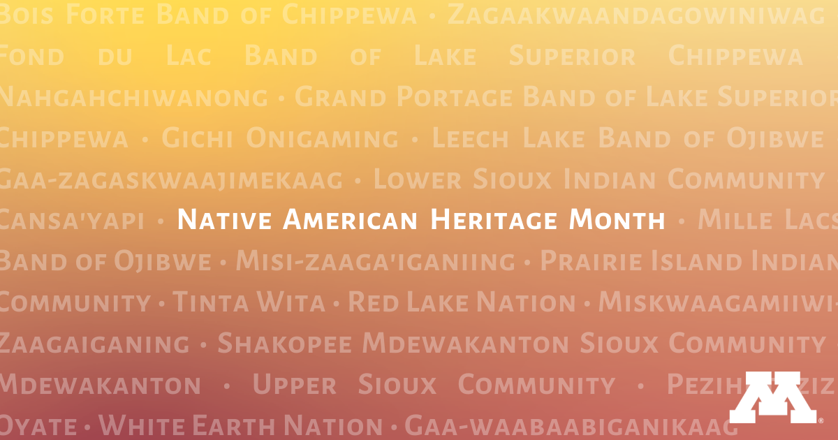 Text that reads "Native American Heritage Month" with the names of the 11 sovereign tribes of Minnesota 
